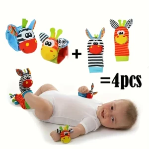 Baby Gift Set With Soft, Colorful, Plush Animal Wrist and Sock Toys